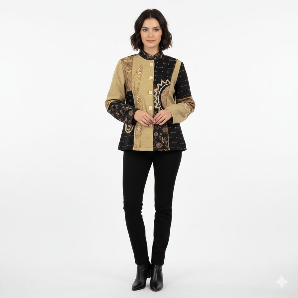 Indigo Moon Art to Wear Patchwork Jacket M Boho Embroidered‎ Gold Black Blazer
